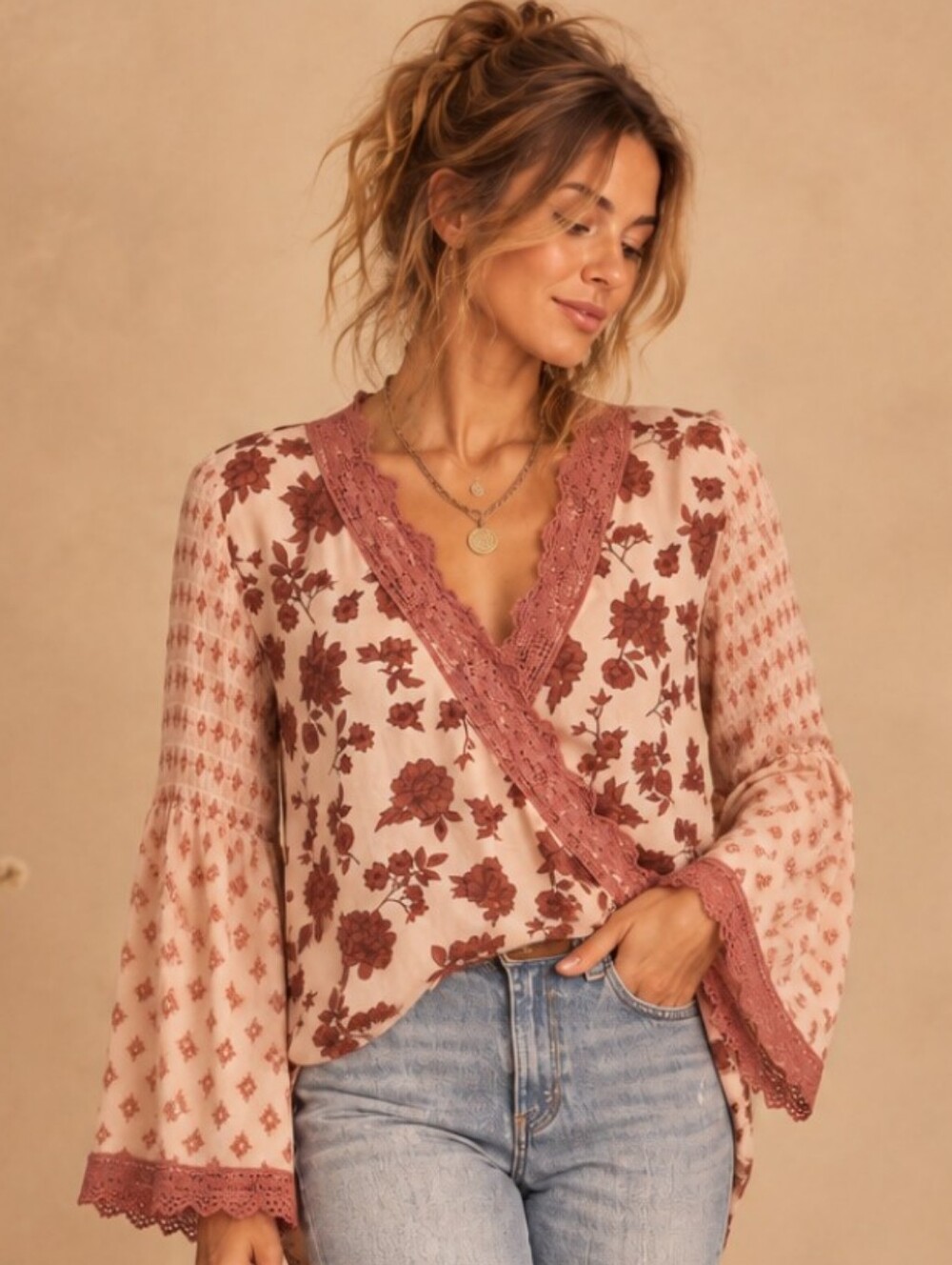 Altar'd State Floral Lace Trim Surplice Boho Hi-low Blouse Medium EUC